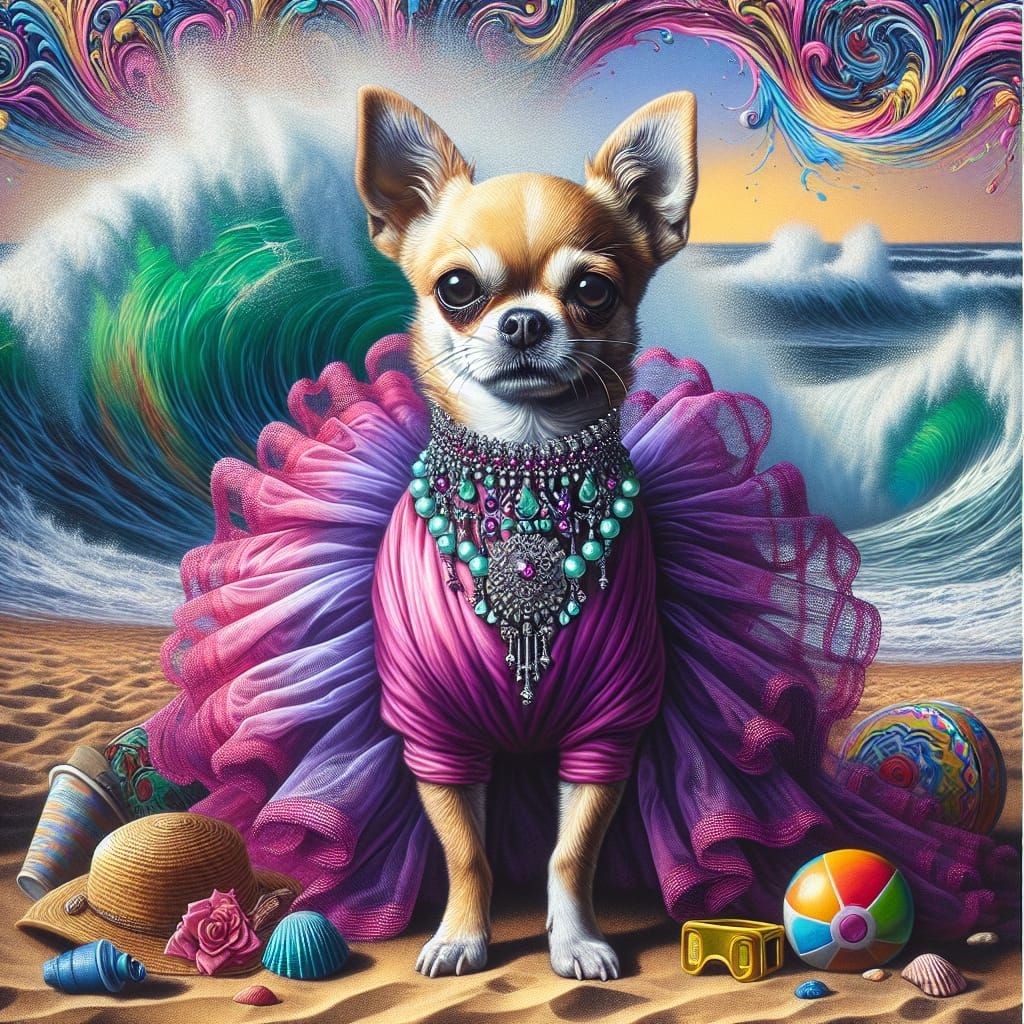 Chihuahua in Purple Tulle, Beach Backdrop
