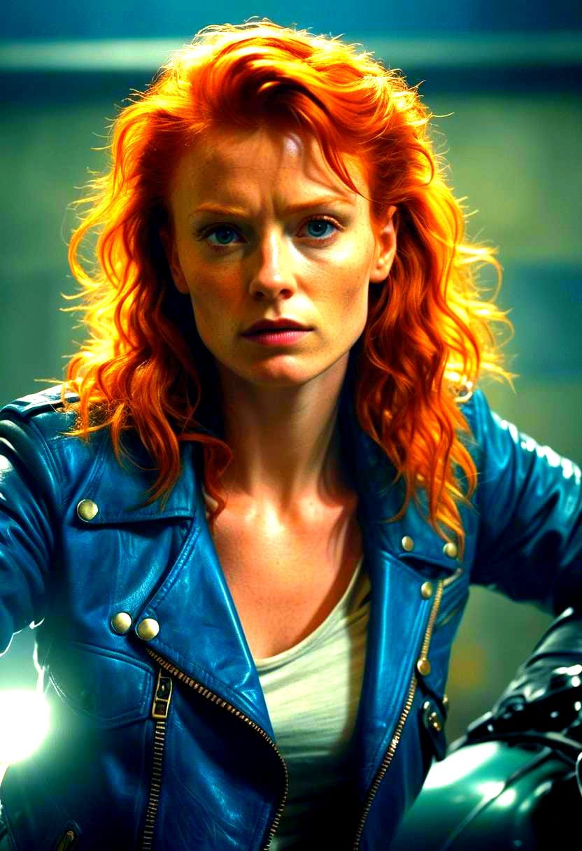 Cinematic Portrait of Ginger Woman in Blue Leather