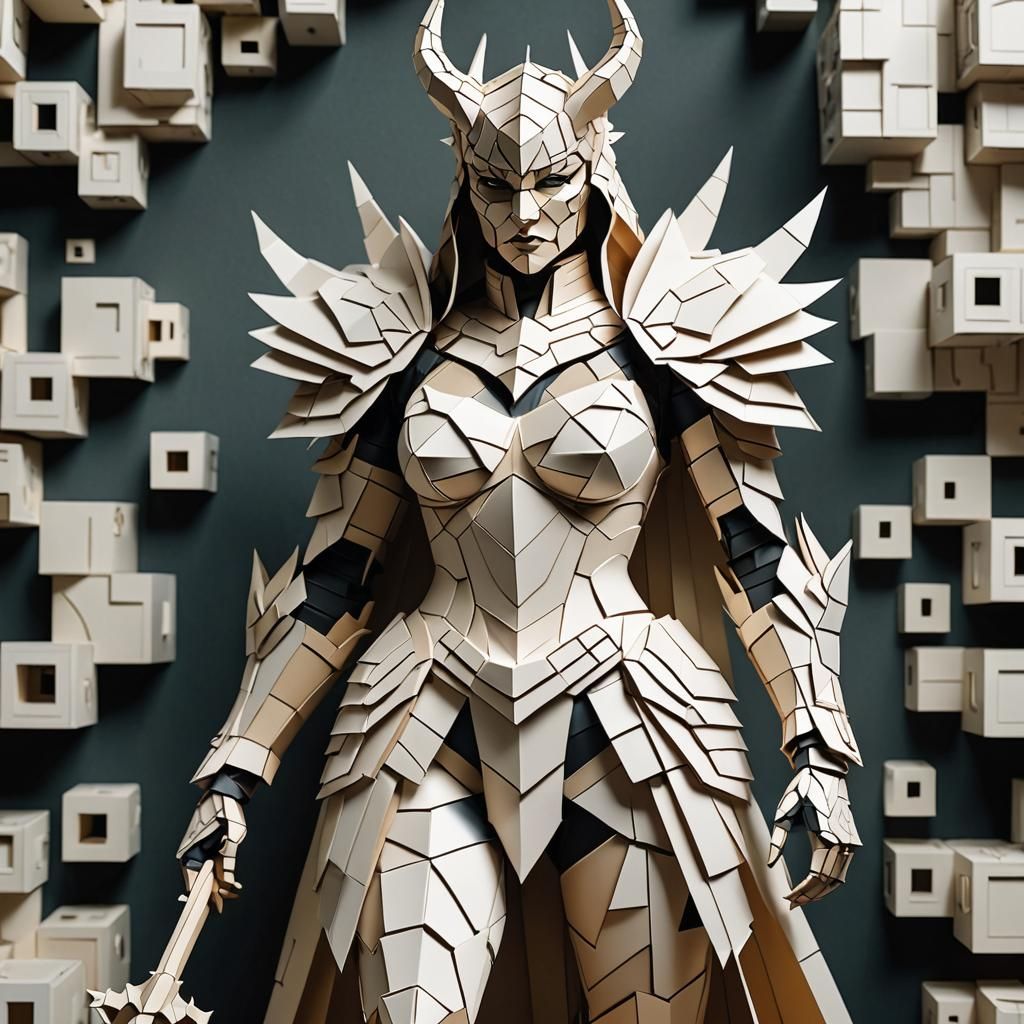 Geometric Demon Knight in Stacked Papercut Style