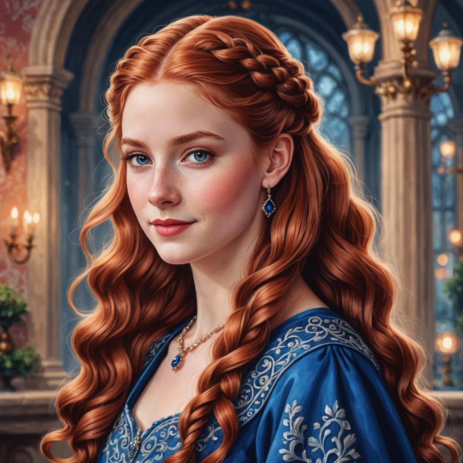 Anime Style Portrait of Girl in Blue Gown