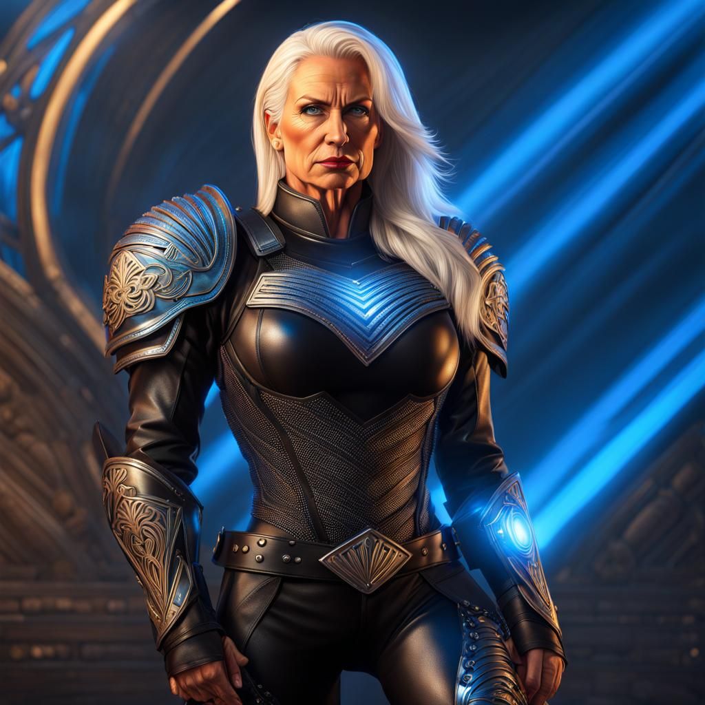 Hyperrealistic Mature Warrior Woman in Black Armor