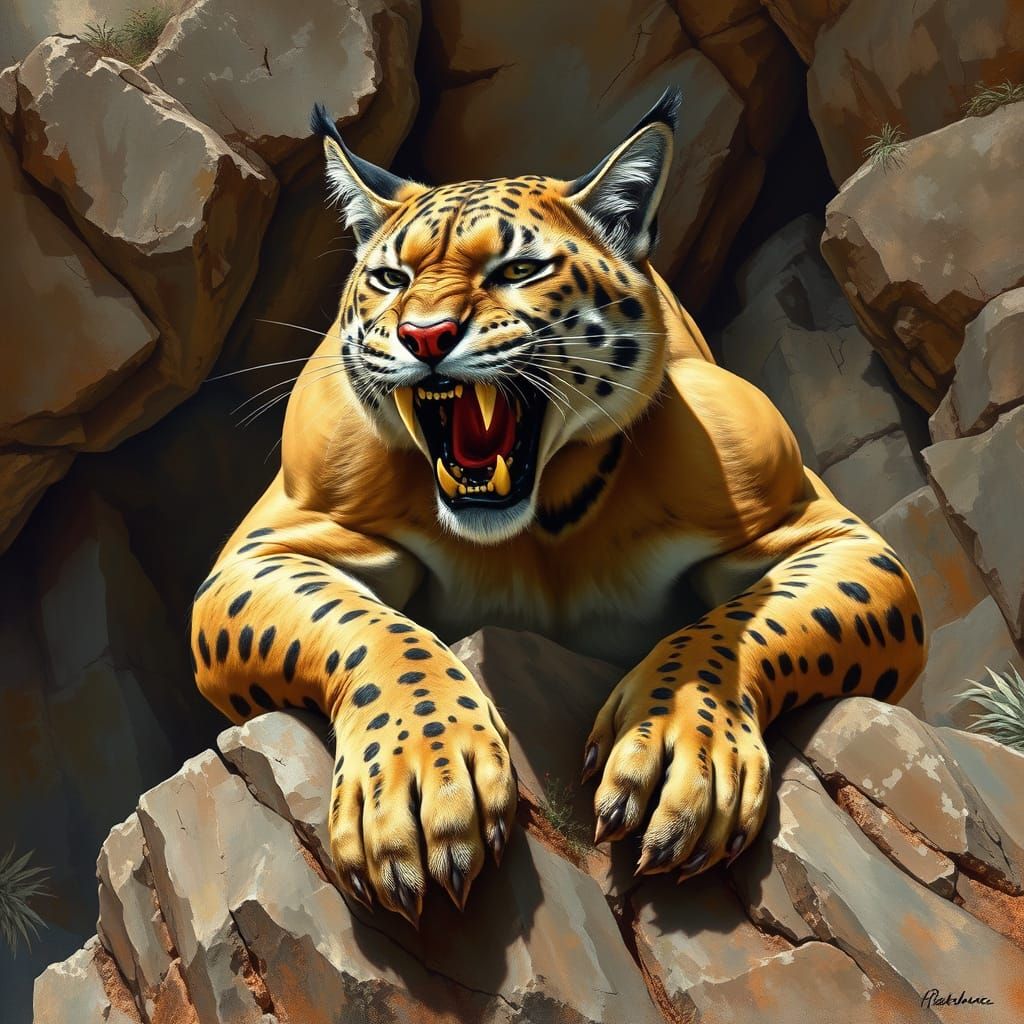 Saber-Toothed Cat Surveys the Land in Wildlife Painting Styl...