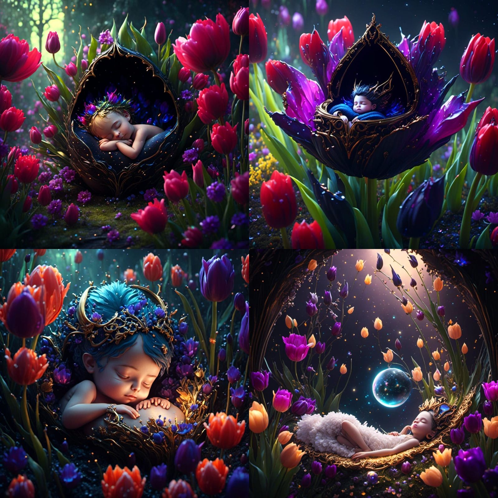 Fairy Asleep Inside a Black Tulip