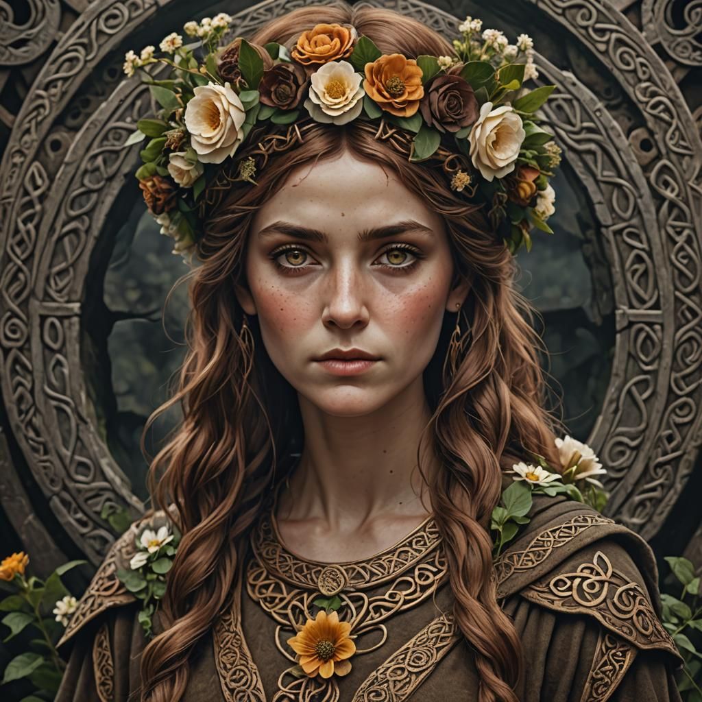 Celtic Priestess with Flower Crown in Hyperrealistic Style
