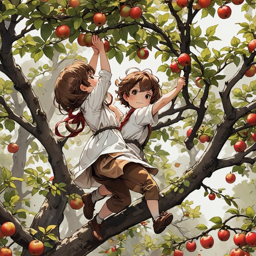 Anime-Inspired Ink Drawing of Child Picking Apples