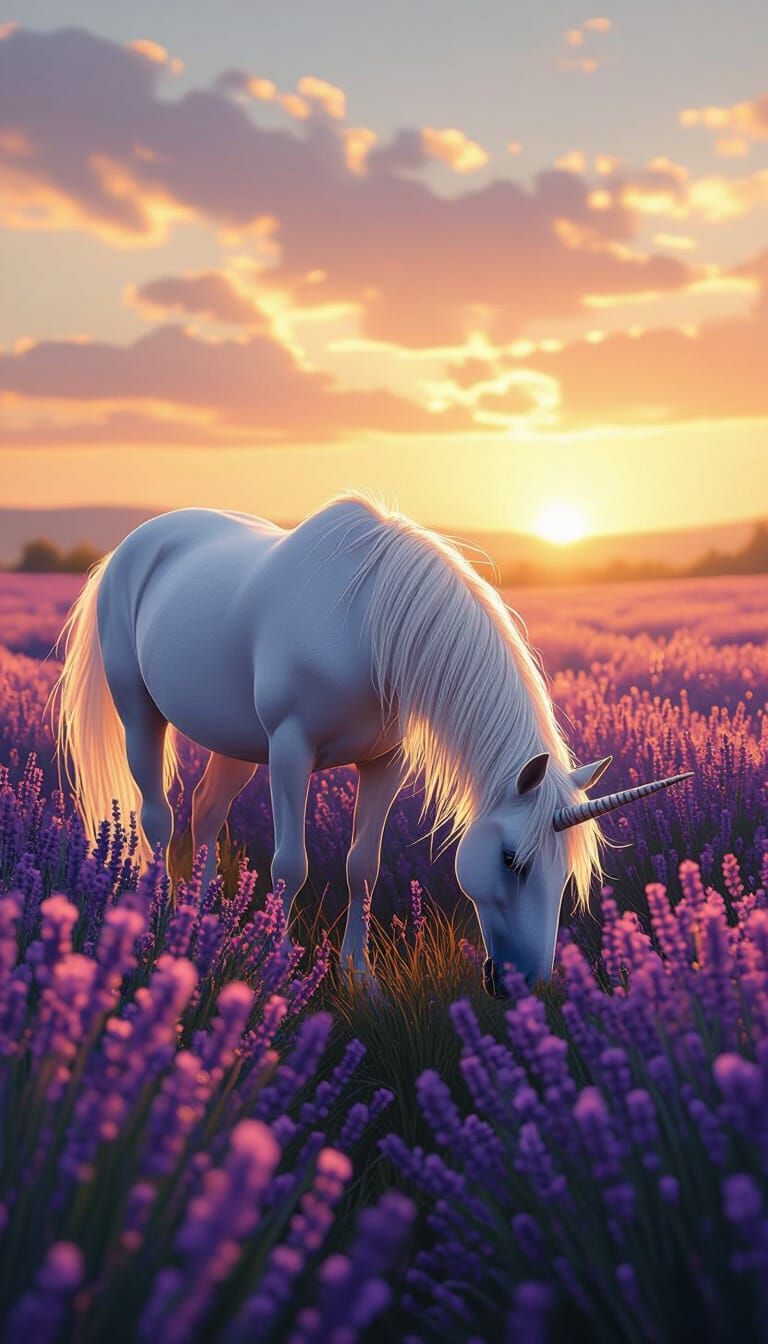 Unicorn Grazing in Lavender Field at Sunrise