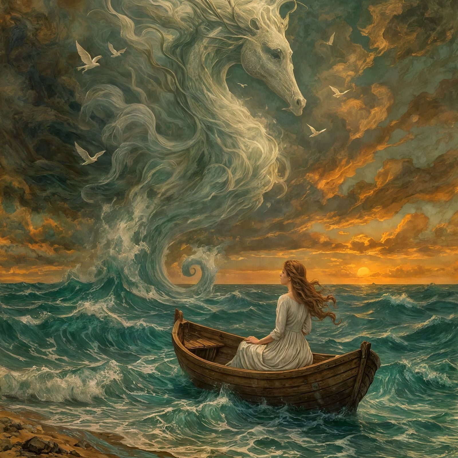 Ethereal Seahorse Guides Woman on Stormy Sea