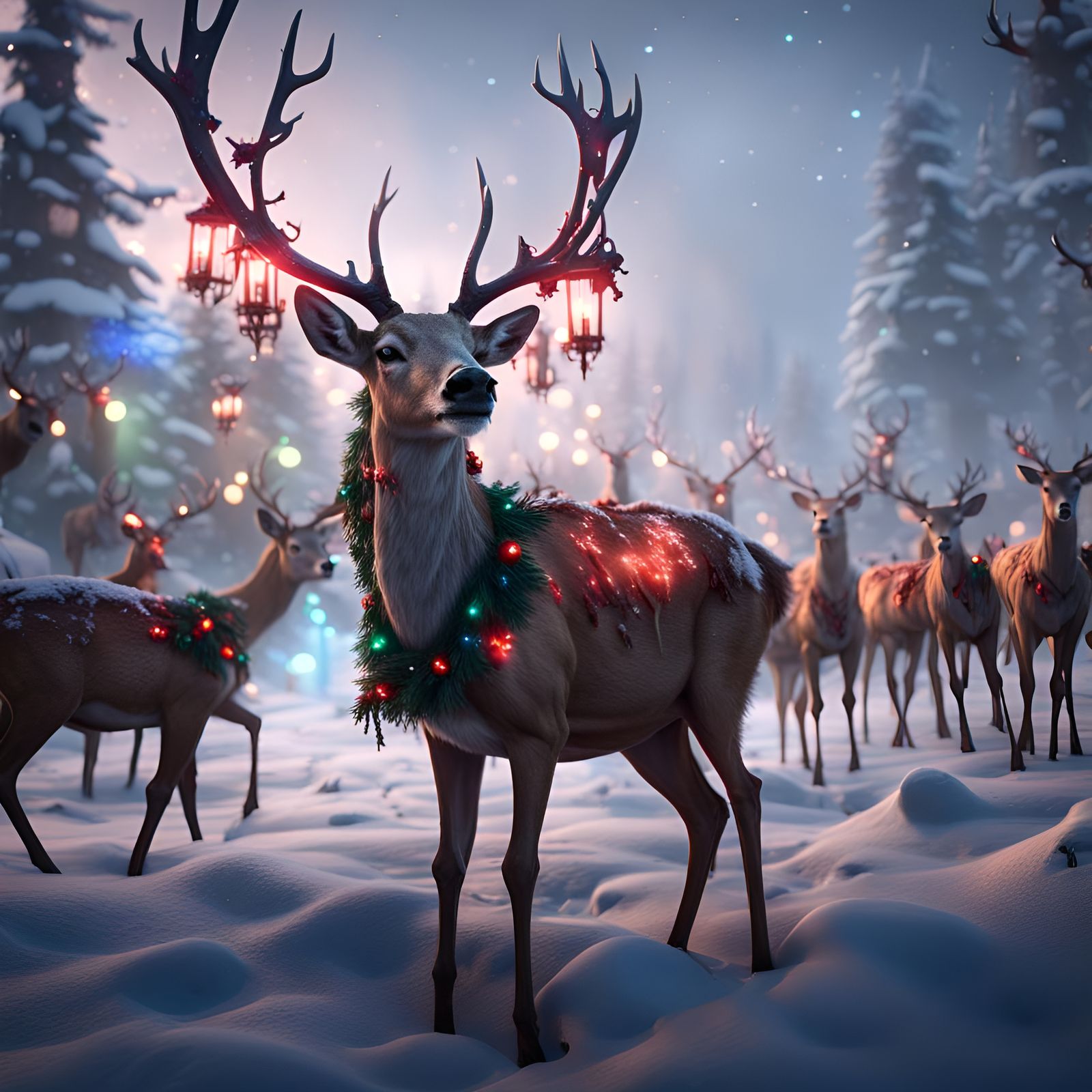 Zombie Christmas Deer Herd in Detailed Matte Painting