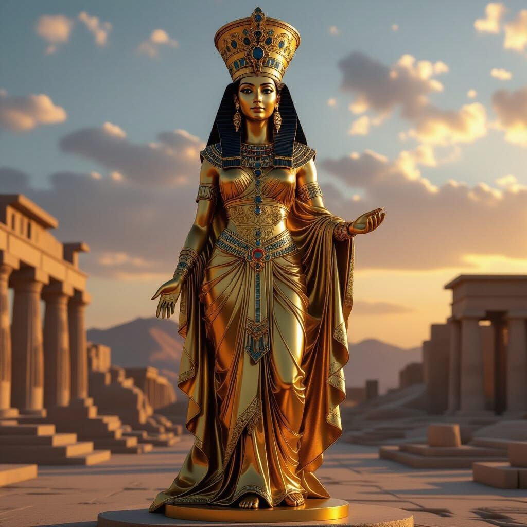 Golden Queen of Sheba Statue in Epic Fantasy Style