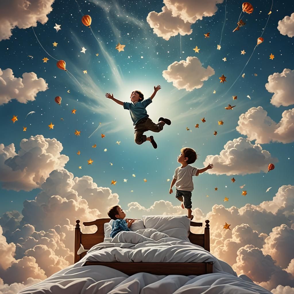 Boy Floats on Bed in Sky: A Magical Scene