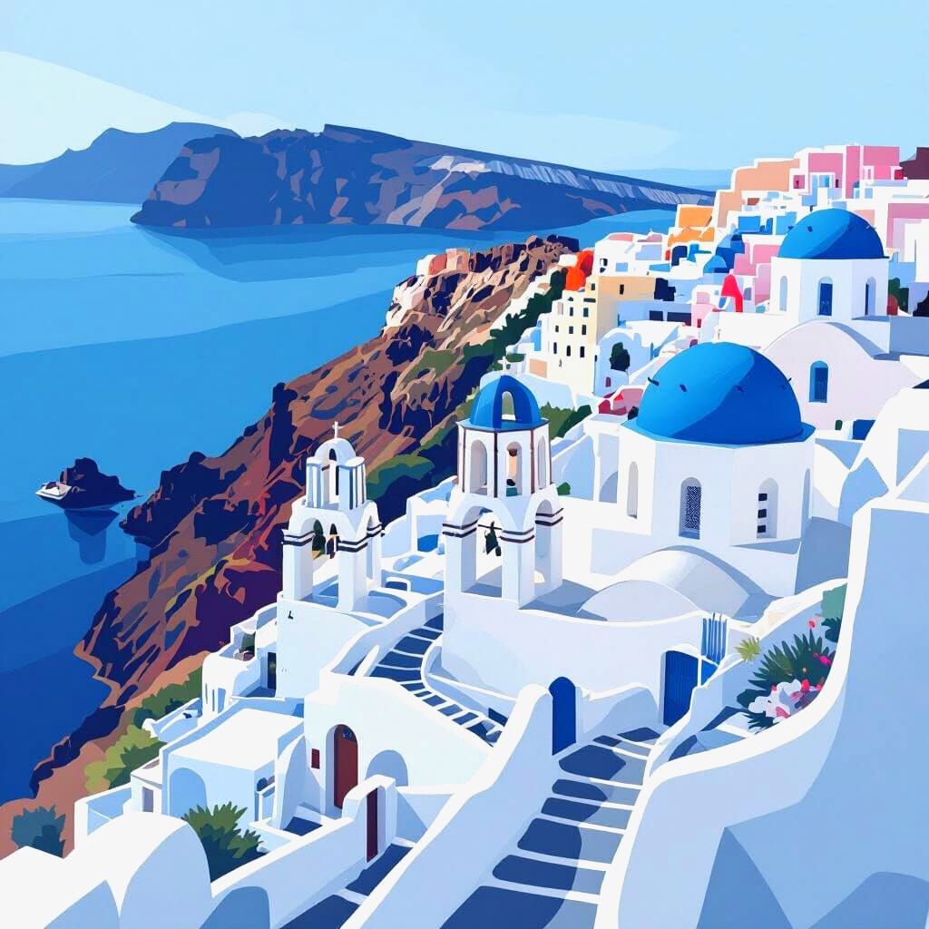 Serene Santorini Island Village Illustration