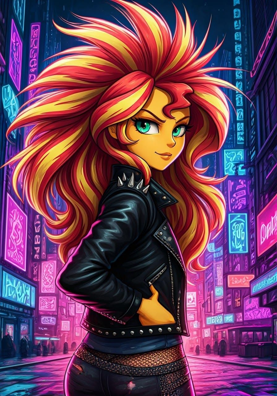 Sunset Shimmer in Leather Jacket, Neo-Expressionist Style