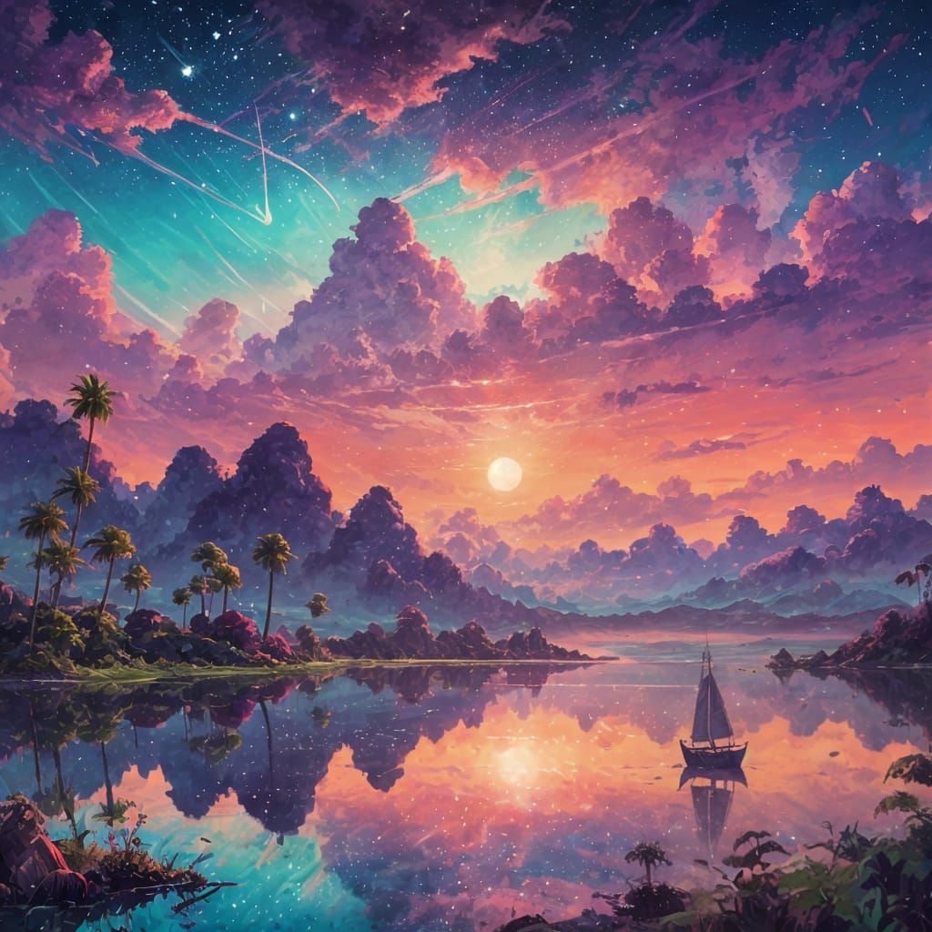 Twilight Nebula Over Savannah Lagoon, Airbrush Style