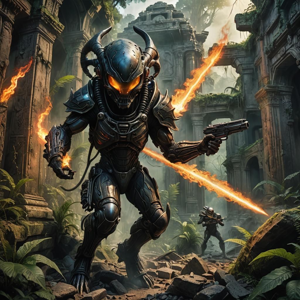 Cyberpunk Alien Hunter in Ancient Ruins