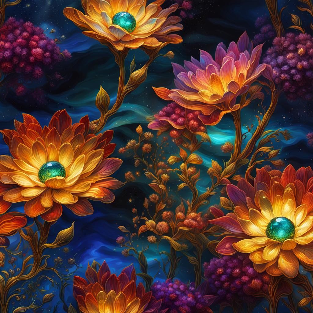 Bioluminescent Flowers with Crystal Effects in Dark Fantasy