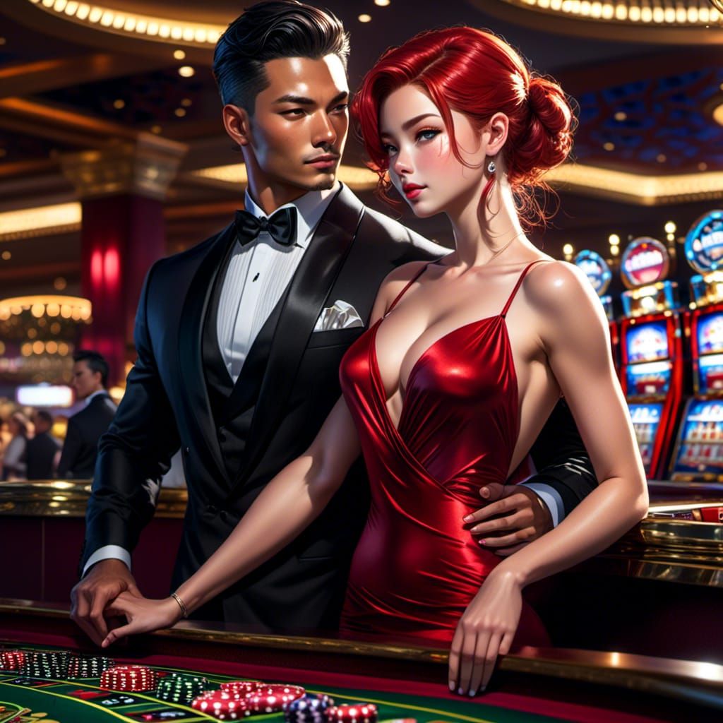 Vibrant Red-Haired Woman at Casino