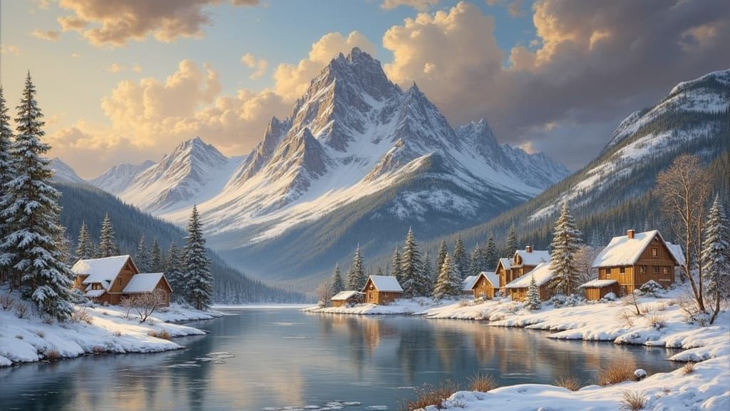 Winter Village Beside Frozen Lake in Hudson River Style