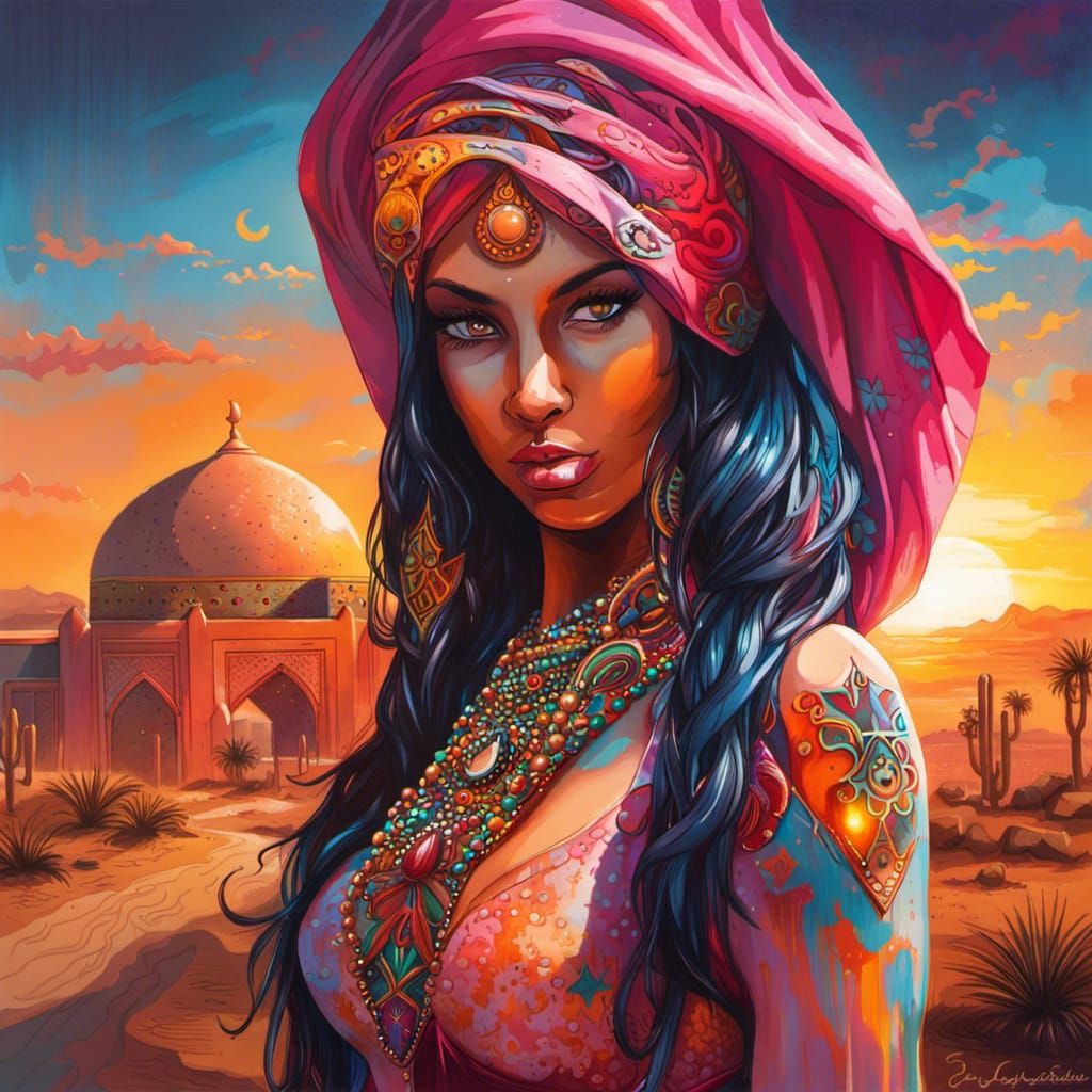 Arabian Queen in Graffiti Art at Sunset