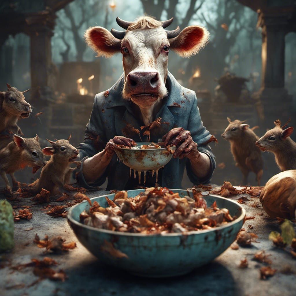 Zombie Cow Eats Squirrels: Detailed Fantasy Art
