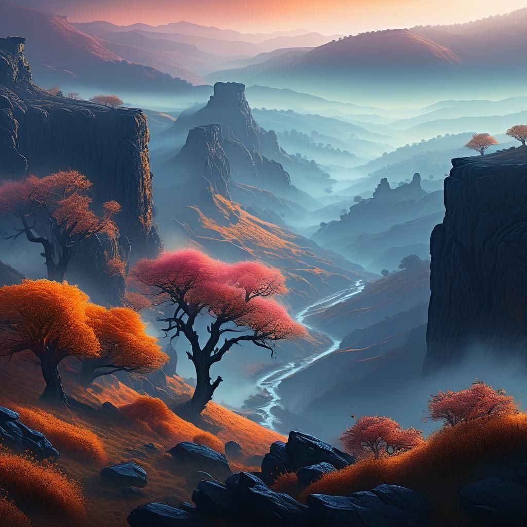 Valley at Dawn: Hyper-Realistic Digital Matte Painting