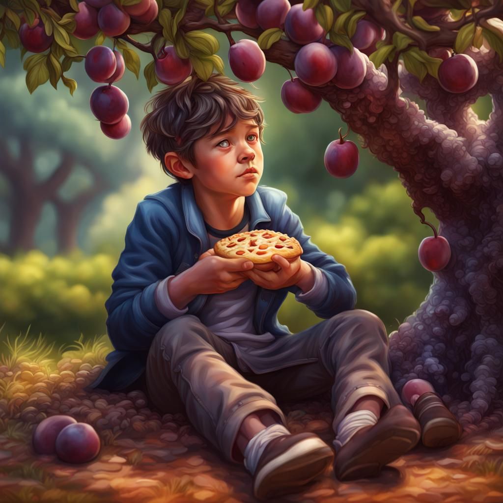 Boy Under Plum Tree with Pie: 3D Rendered