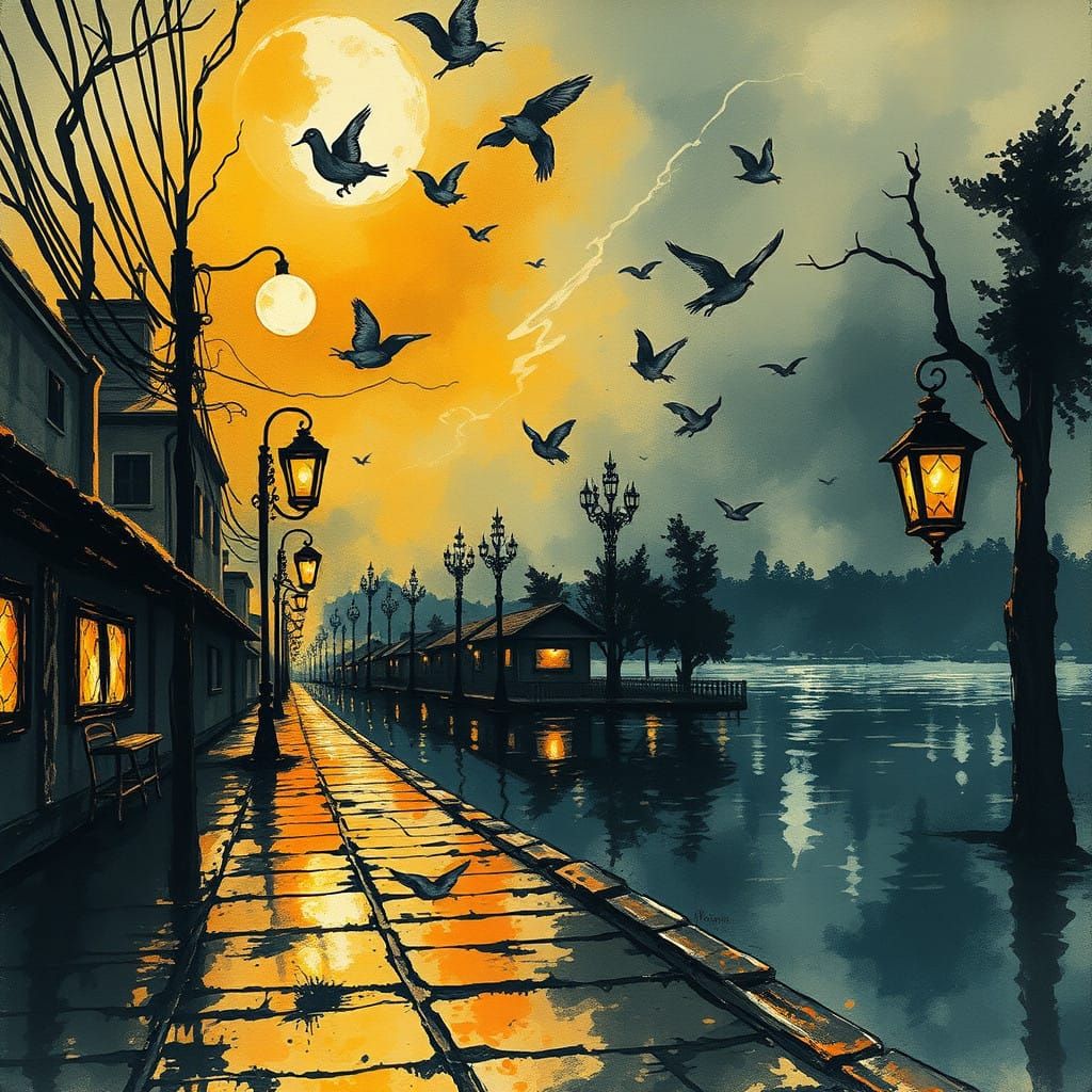 Ethereal Steampunk Scene Under Violent Thunderstorm