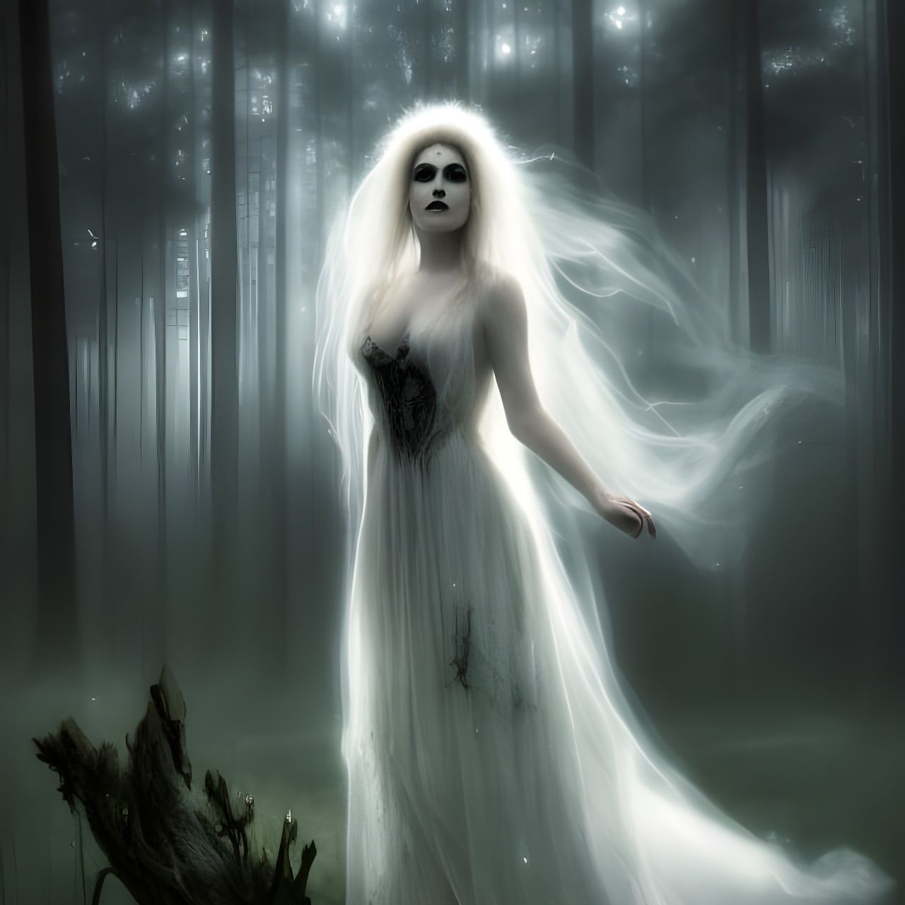 Ghost Haunting Forest with Black Eyes, Digital Art