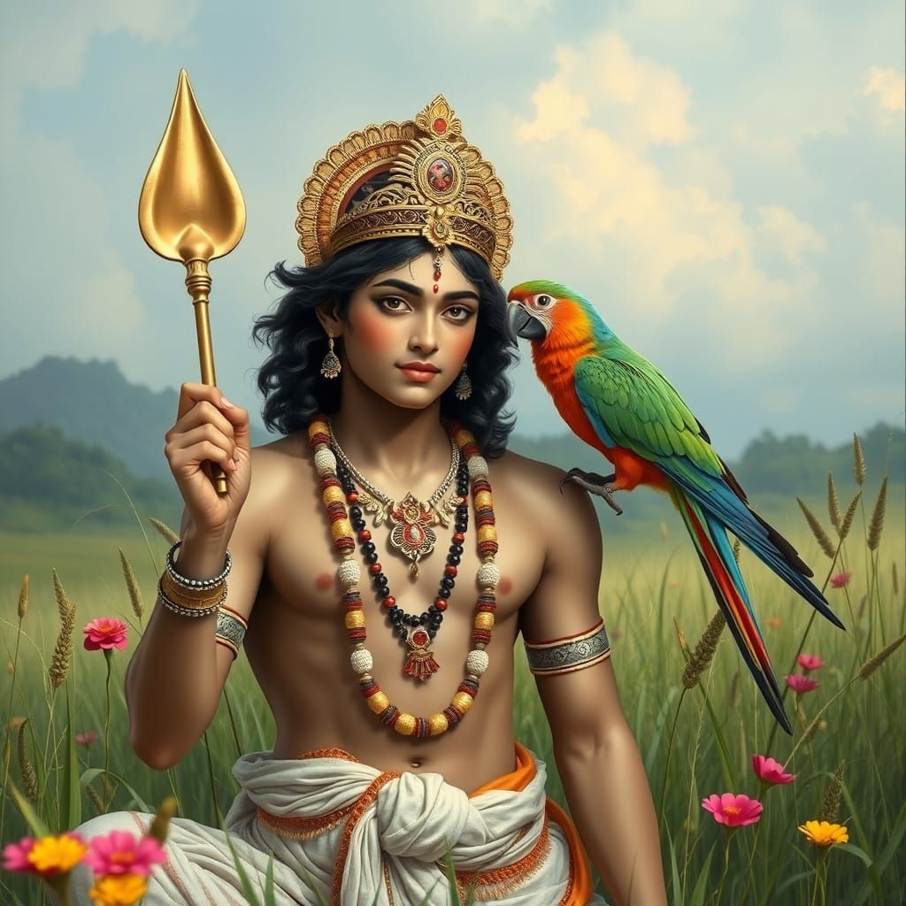 Sensual Hindu God Kamadev in a Serene Meadow Scene