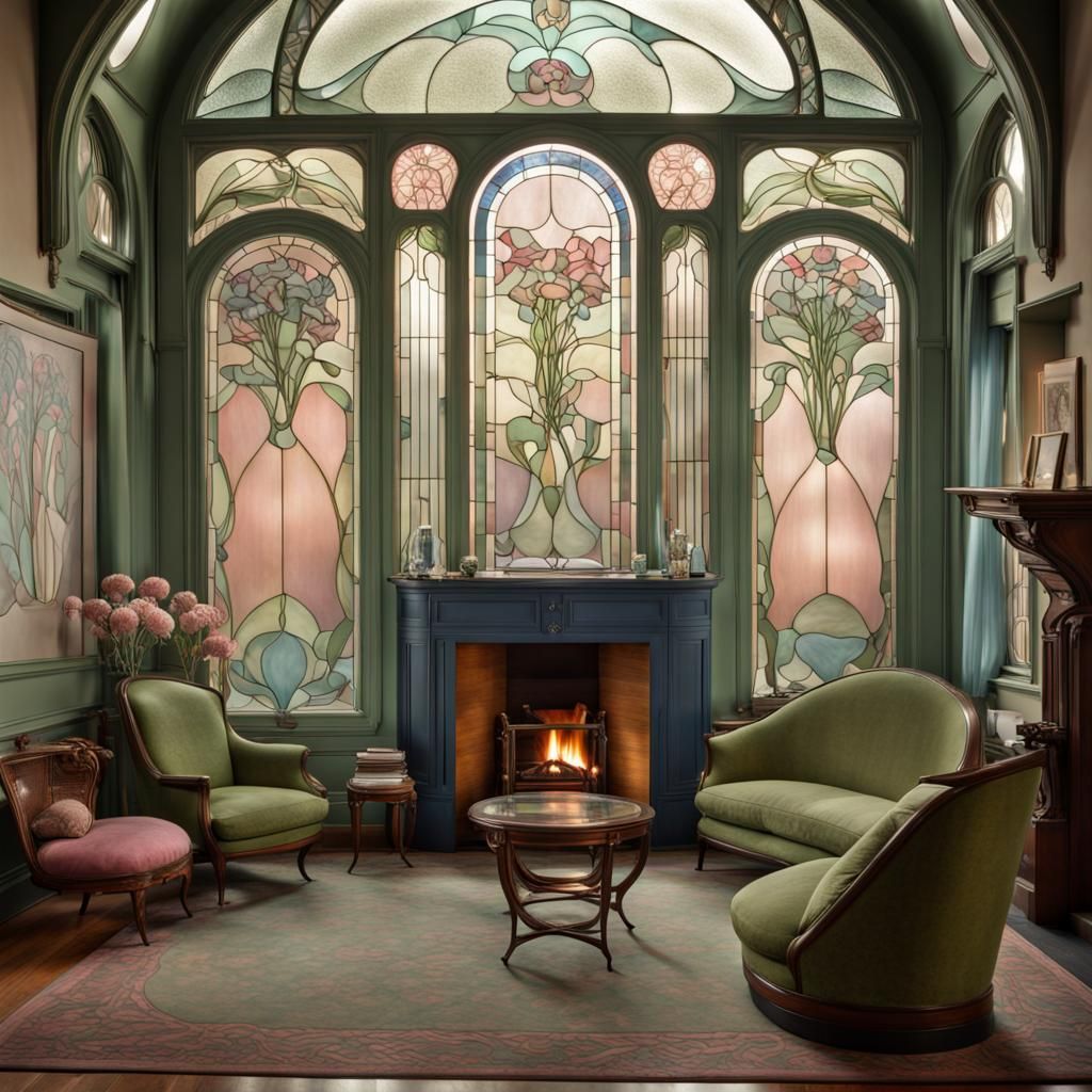 Art Nouveau Living Room with Stained Glass