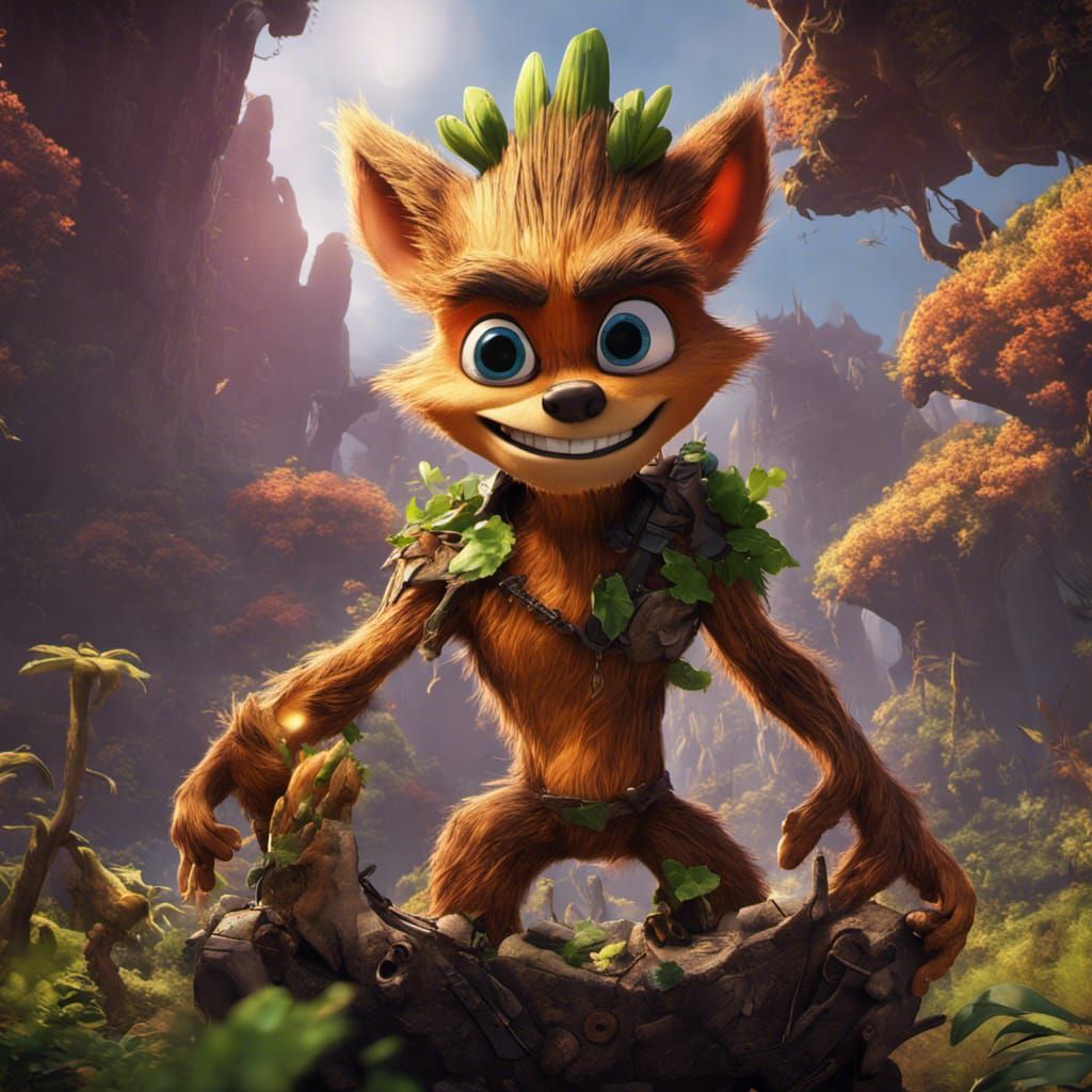 Crash Bandicoot Groot Hybrid in Detailed Digital Art