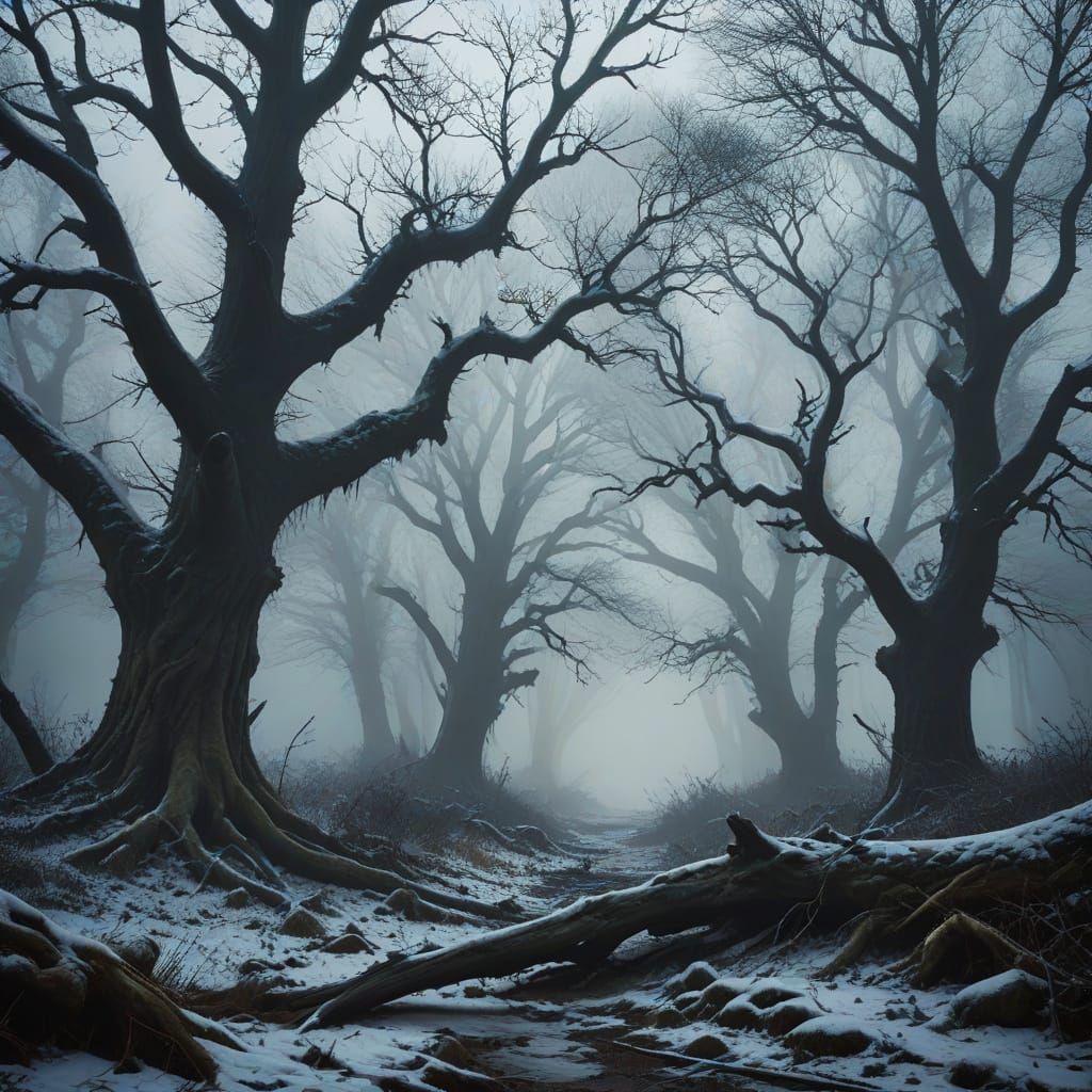 Winter Woodland Scene in Dark Fantasy Style