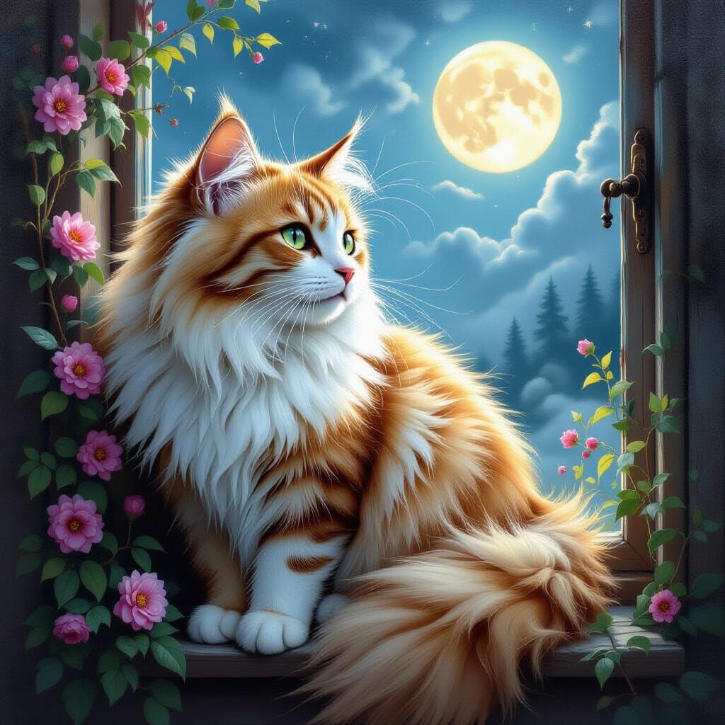 Fluffy Cat by Full Moon Window