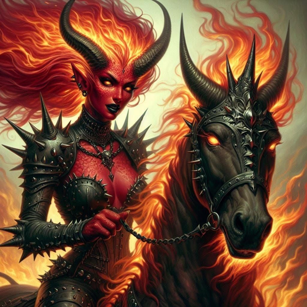 Demon Woman Rides Skeletal Horse in Hellscape