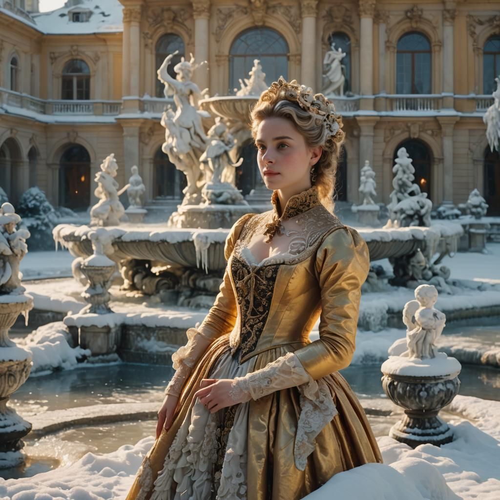 Baroque Woman at Frozen Fountain in Rococo Style