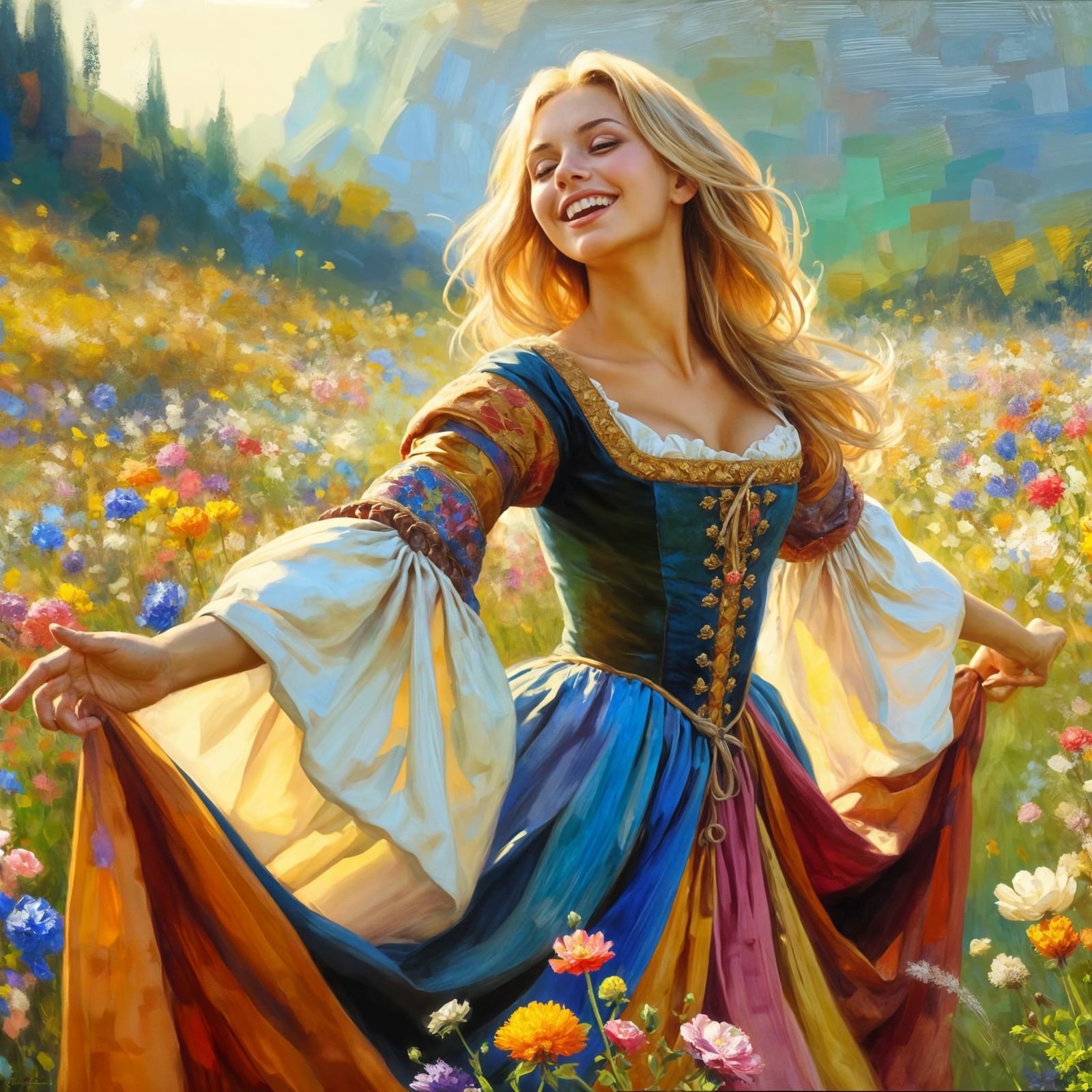 Joyful Medieval Maiden in Vibrant Bloom