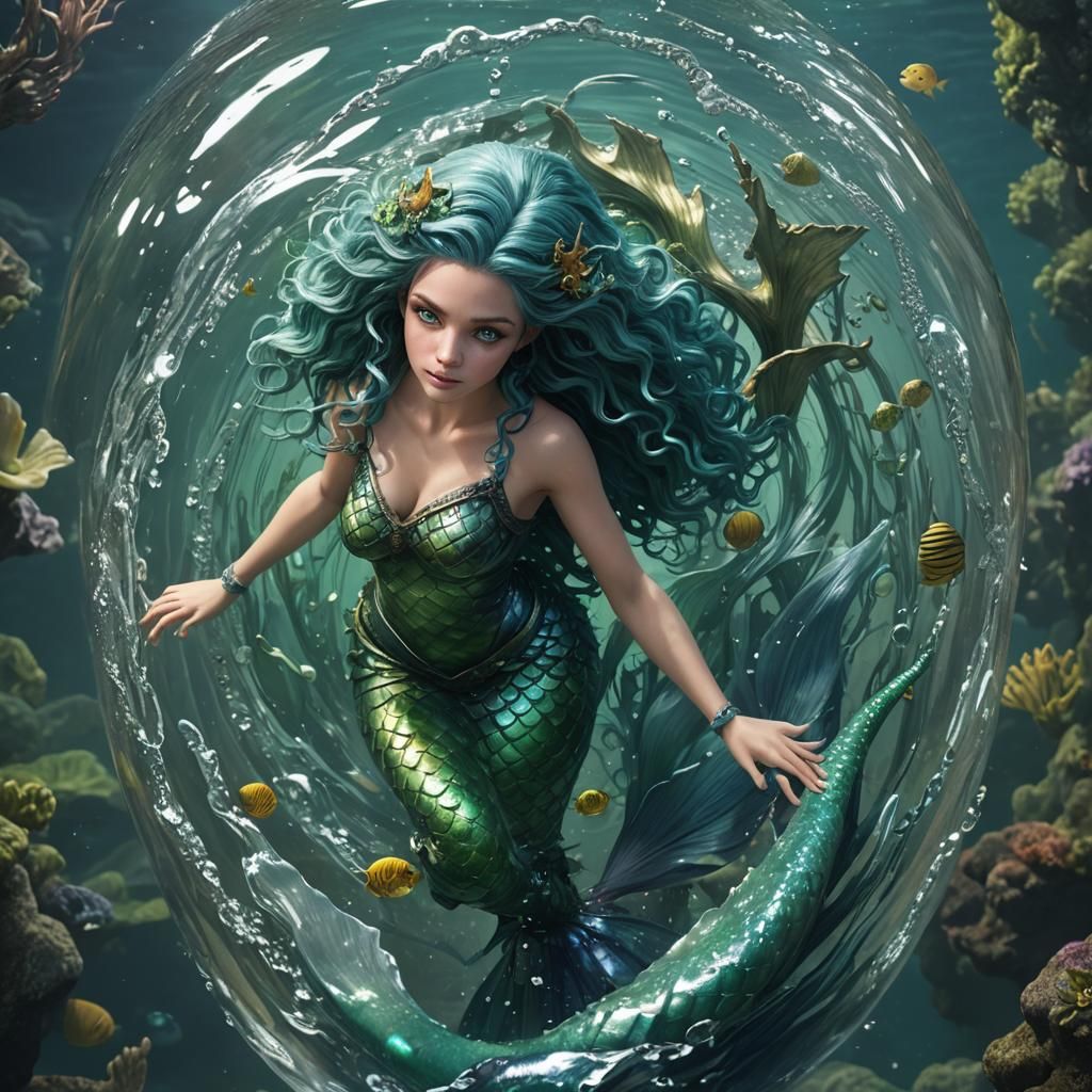 Detailed Mermaid in Water Container: Fantasy Concept Art