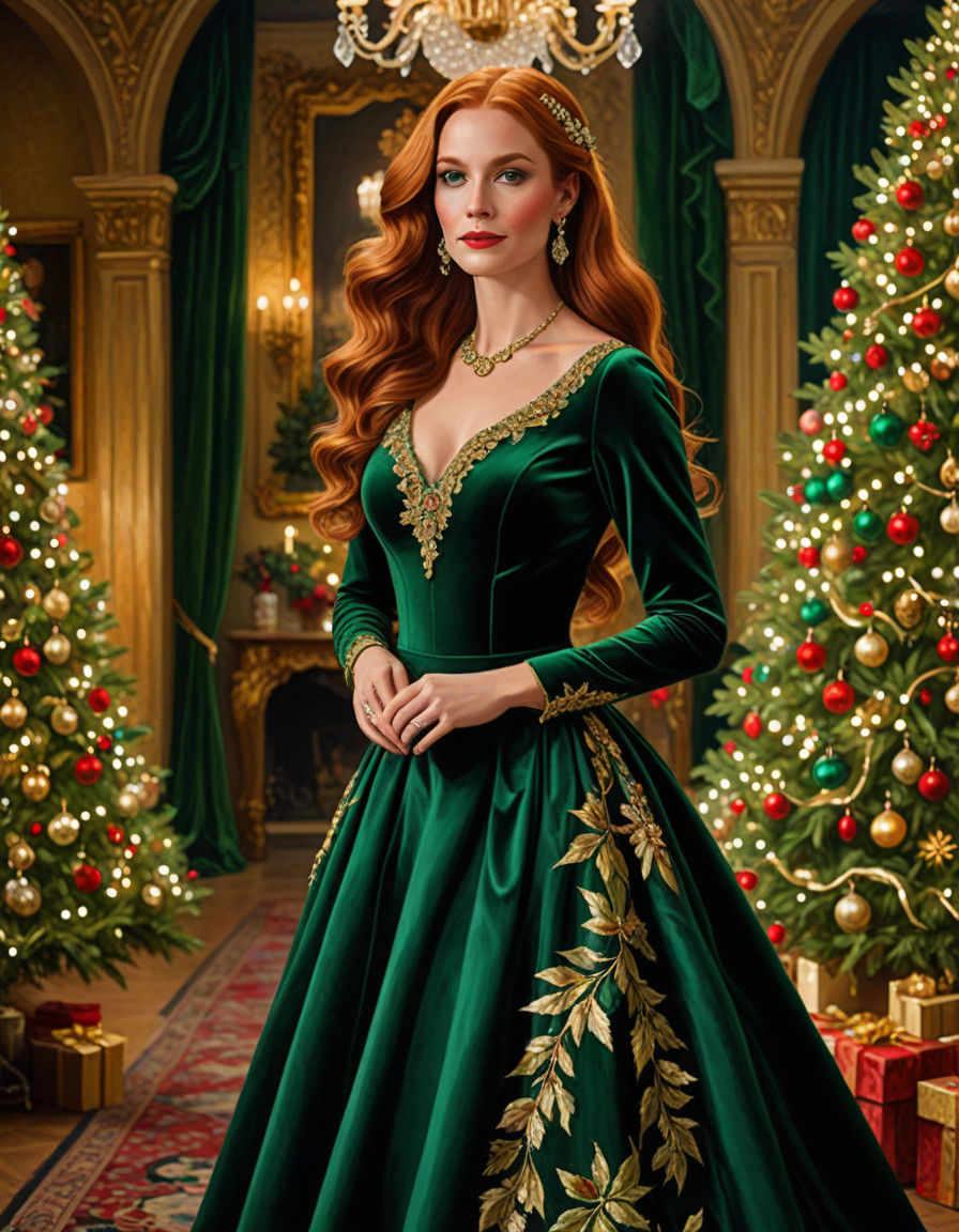 Elegant Christmas Portrait in Oil on Canvas