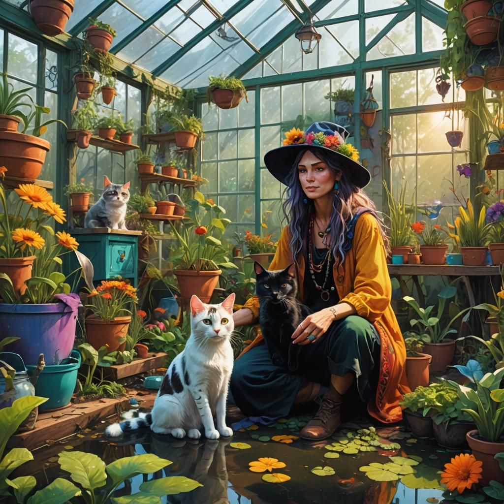 Hippie Witch Gardening in a Swamp Greenhouse