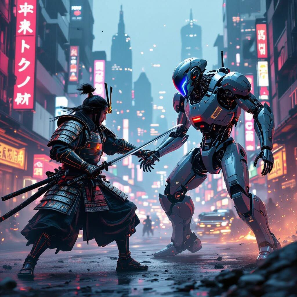 Samurai vs Robot in Cyberpunk Cityscape