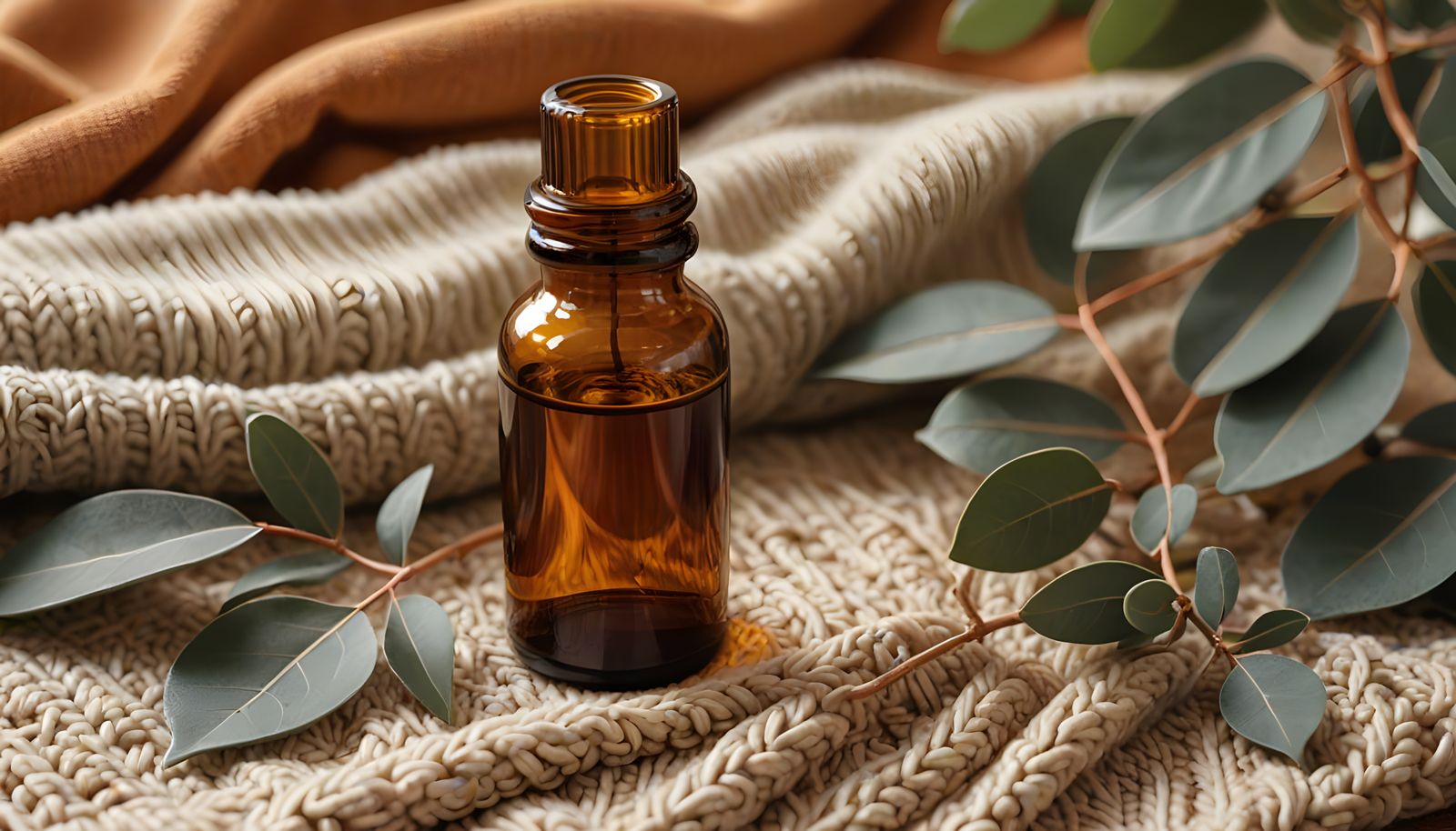 Amber Oil Bottle with Eucalyptus on Knit Fabric