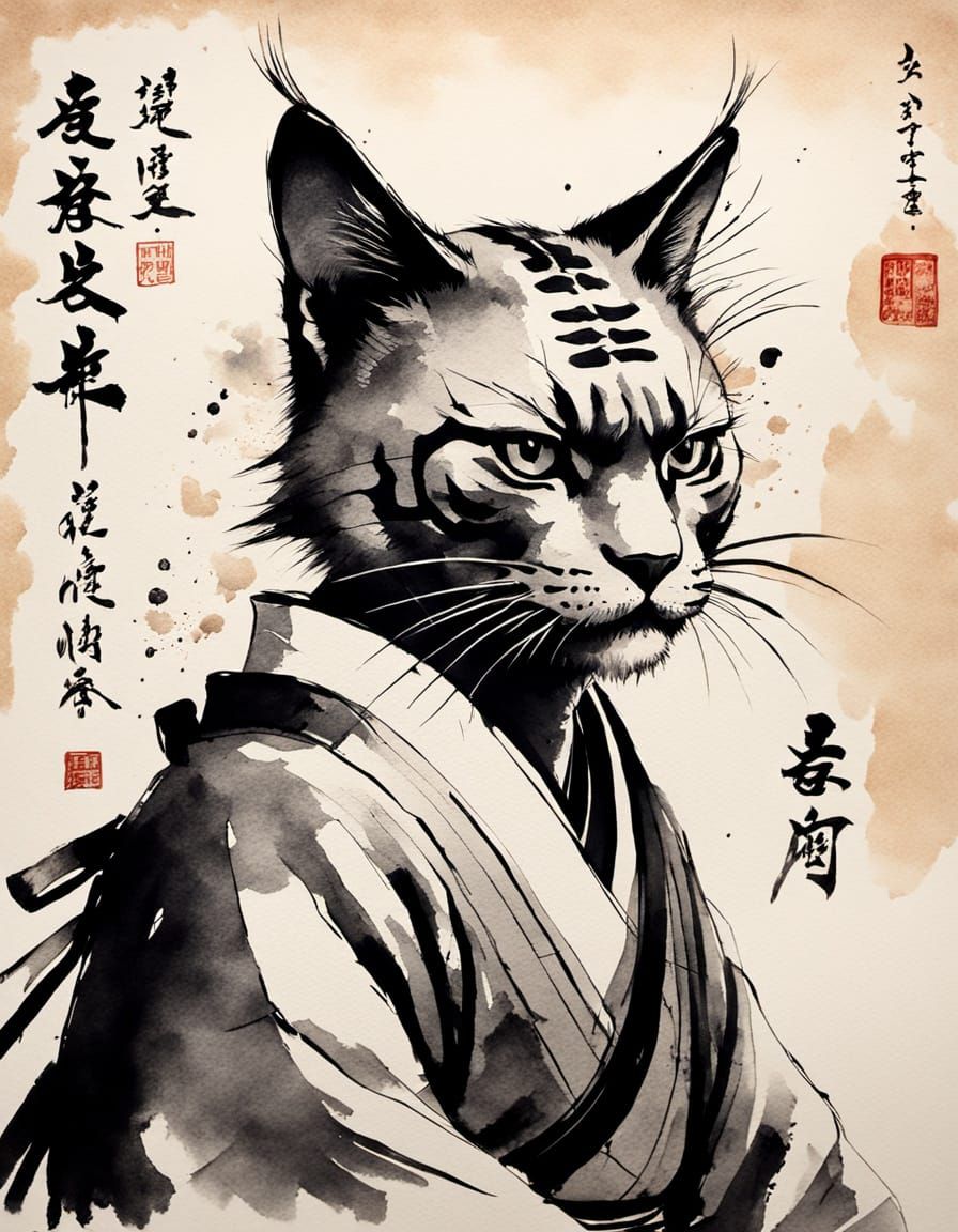 Samurai Warrior Ink Painting with Japanese Calligraphy