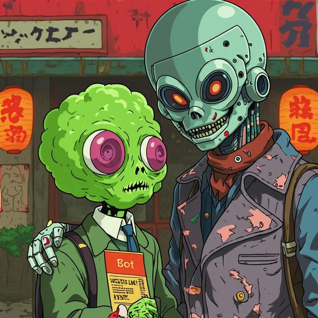 Surreal 1980s Zombie Interview in Anime Grunge Style
