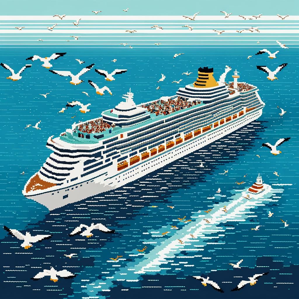 Luxury Cruise Ship on the Open Sea: Pixel Art