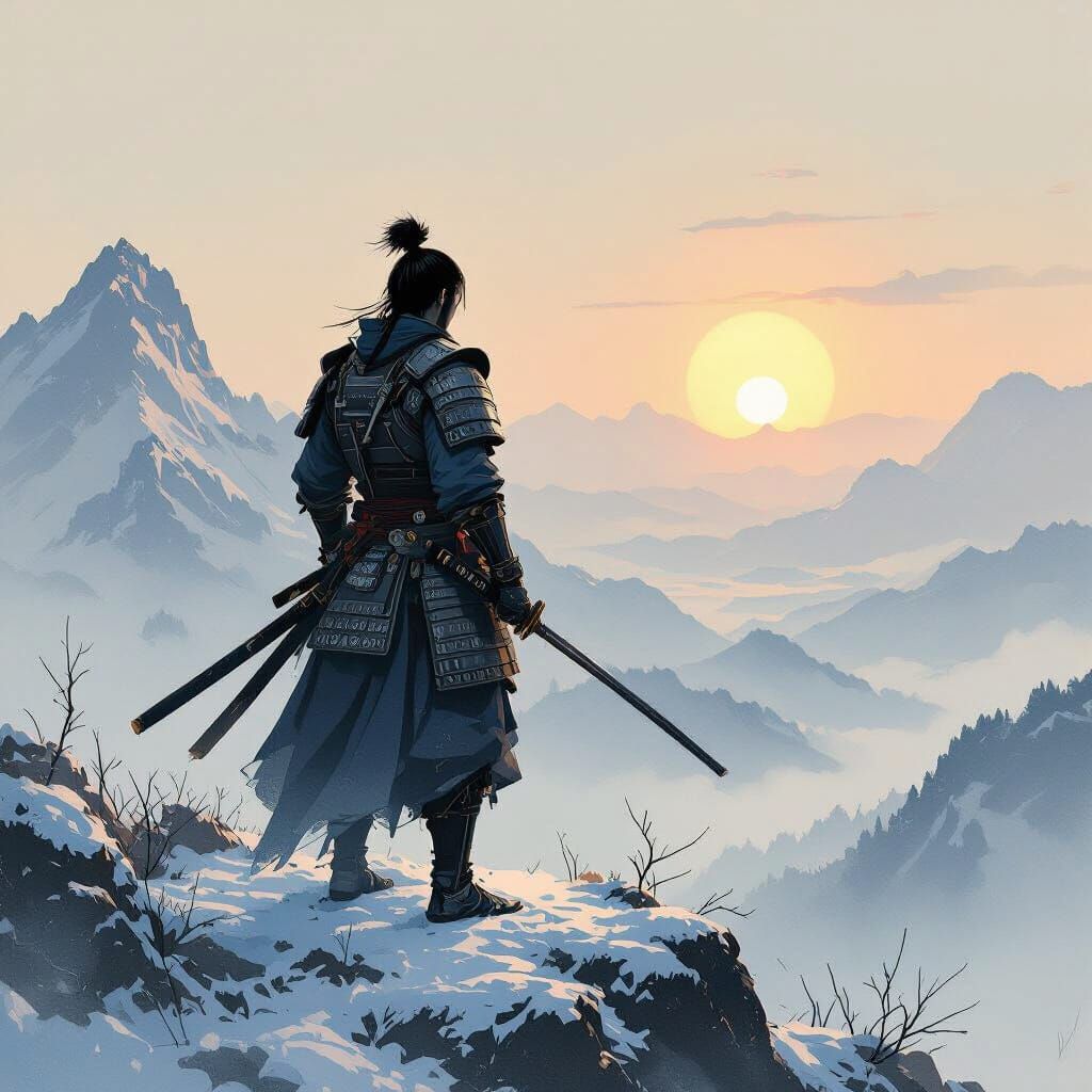 Samurai on Snowy Mountain in Japanese Ink Style