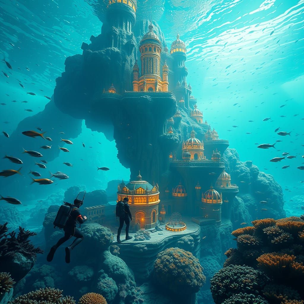 Underwater Cityscape with Marine Life in 3D Cinematic Style