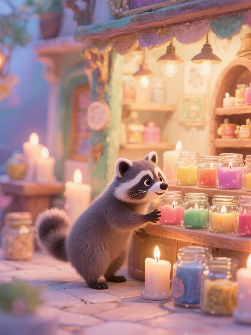 Adorable Raccoon in a Miniature Candle Shop