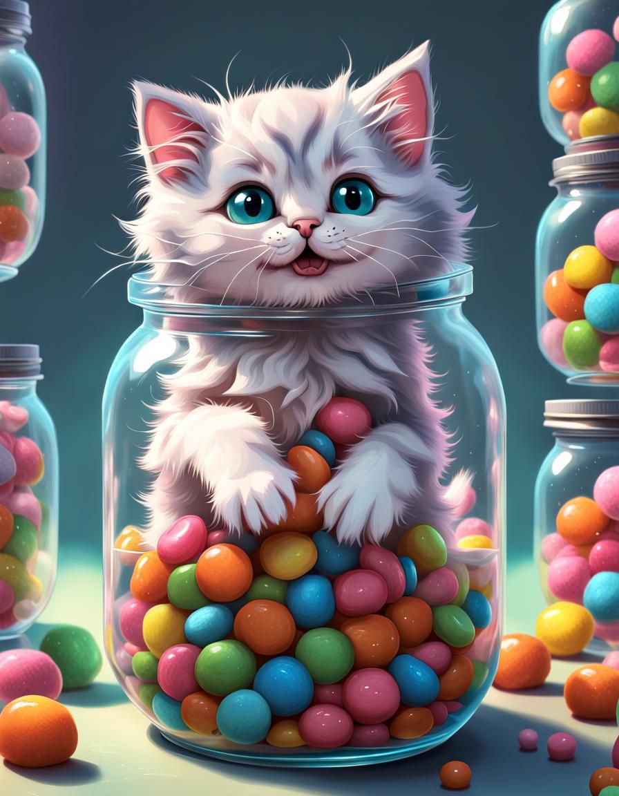 Cute Furry Kitten in a Jar, Candy Art