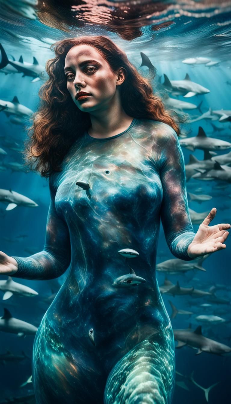 Underwater Portrait of Woman with Sharks in Surreal Style