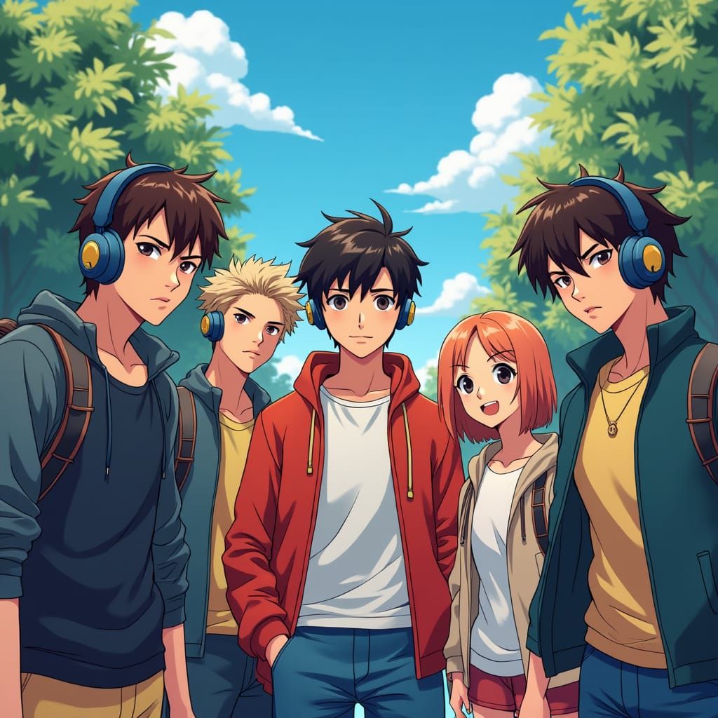 Teenagers on College Campus in Anime Style