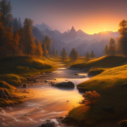 Horse in Stream at Sunset: Photorealistic 8k